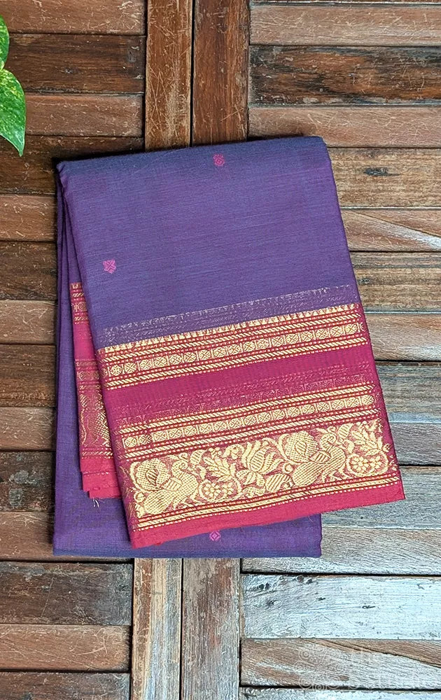 Violet kanchi cotton saree with maroon zari border