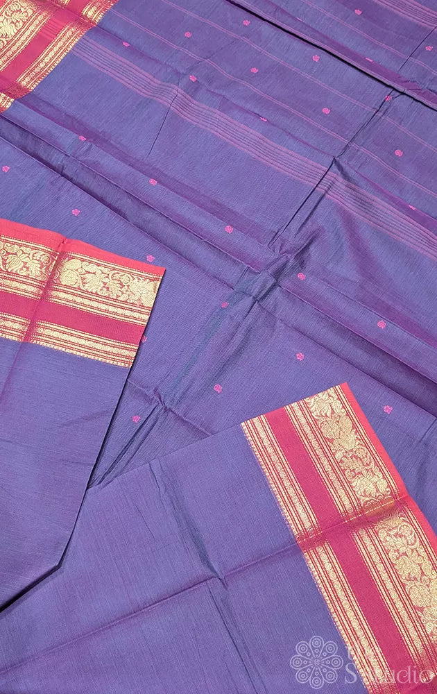 Violet kanchi cotton saree with maroon zari border