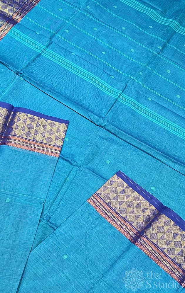 Teal blue kanchi cotton saree with blue zari border