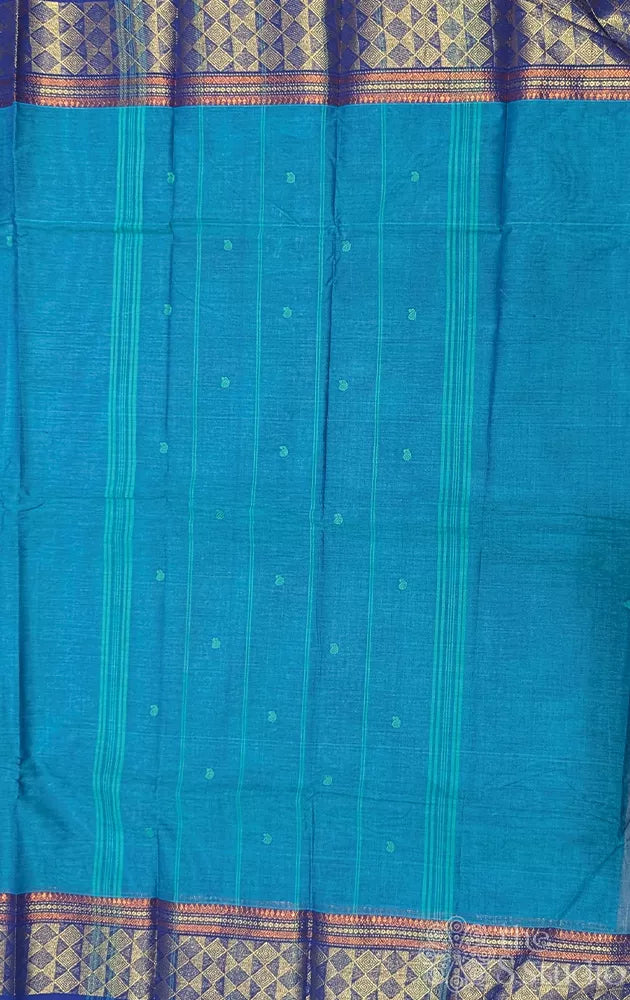 Teal blue kanchi cotton saree with blue zari border
