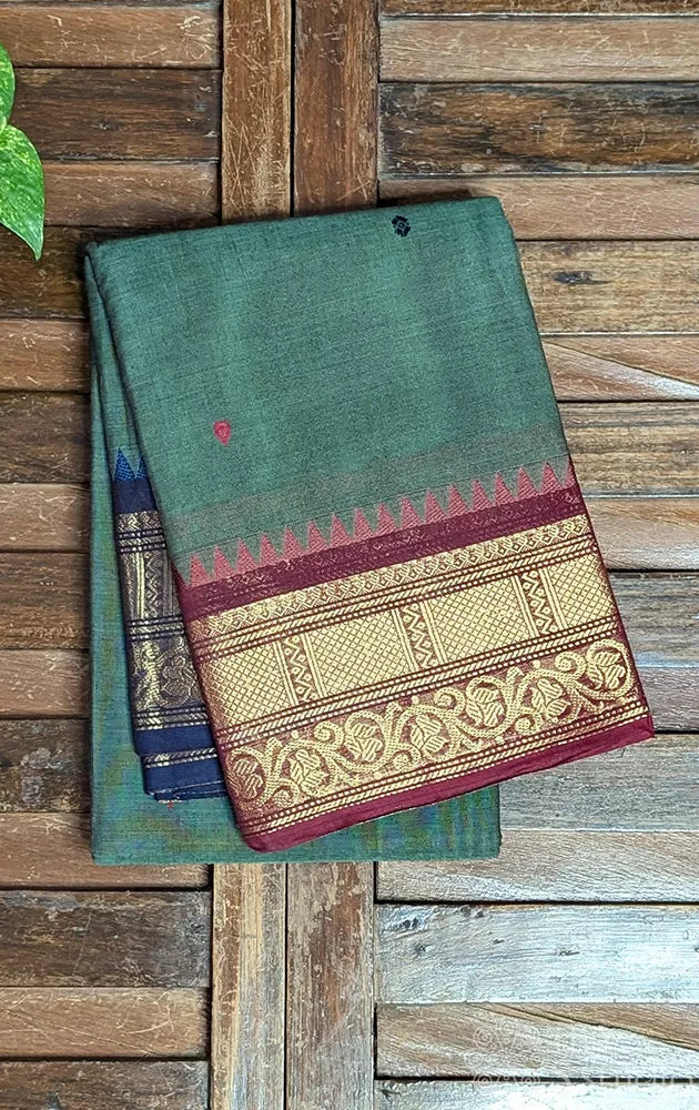 Moss green kanchi cotton saree with ganga jamuna zari border