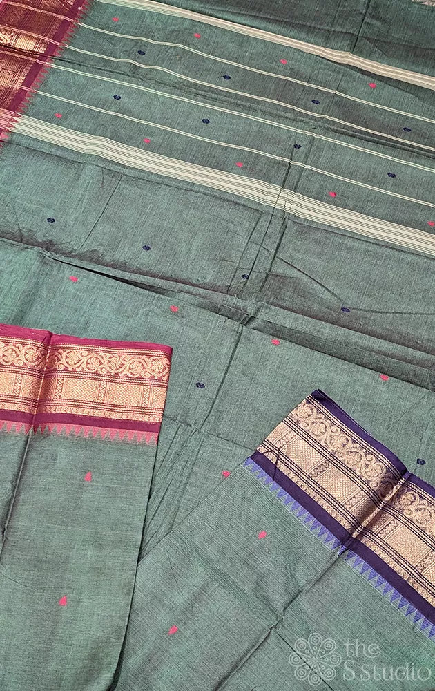 Moss green kanchi cotton saree with ganga jamuna zari border