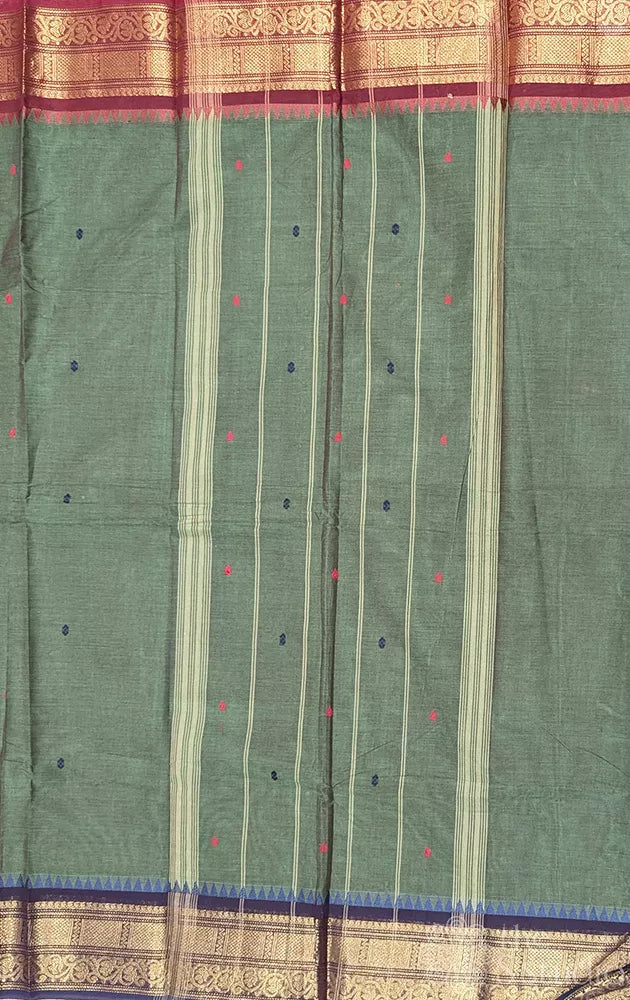 Moss green kanchi cotton saree with ganga jamuna zari border