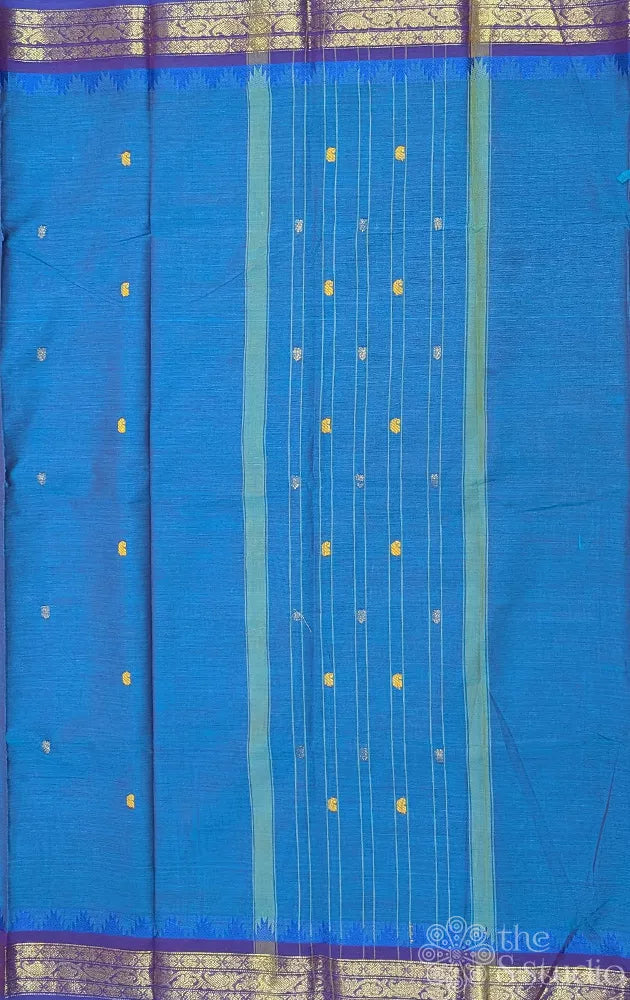 Teal blue kanchi cotton saree with small zari border