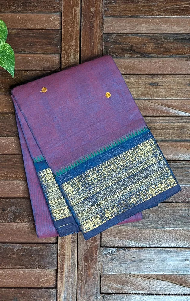 Purple kanchi cotton saree with blue zari border