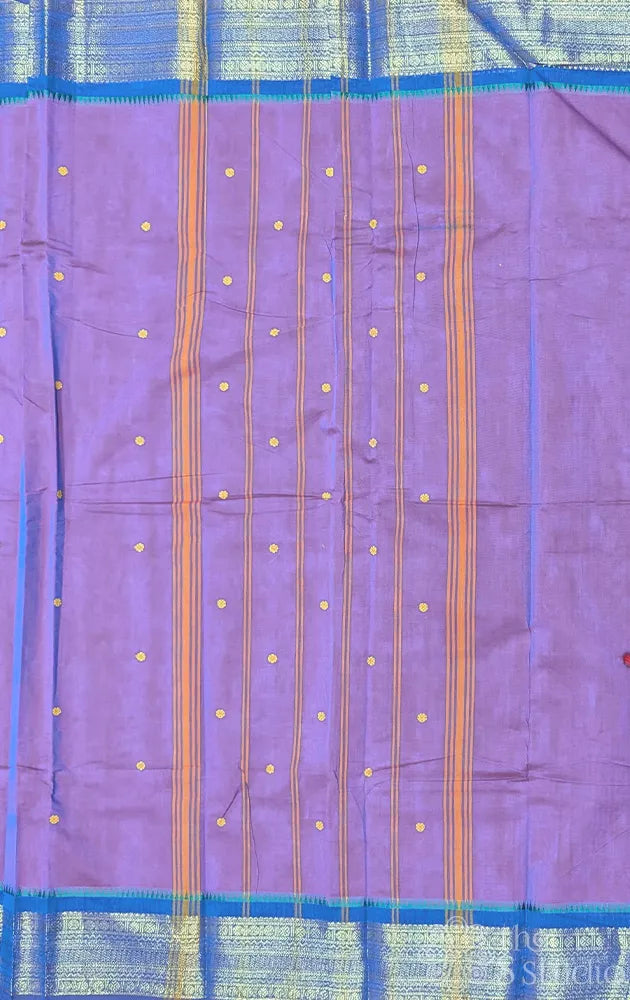 Purple kanchi cotton saree with blue zari border