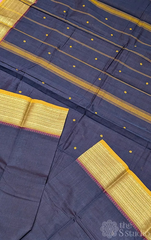 Elephant grey kanchi cotton saree with yellow zari border