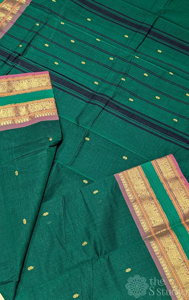 Dark green kanchi cotton saree with rettaipet zari border