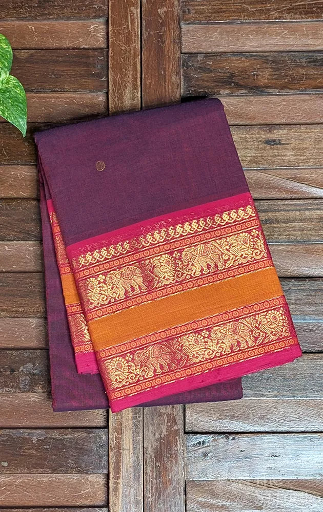 Maroon kanchi cotton saree with rettaipet zari border