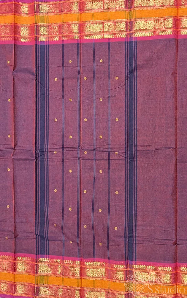 Maroon kanchi cotton saree with rettaipet zari border