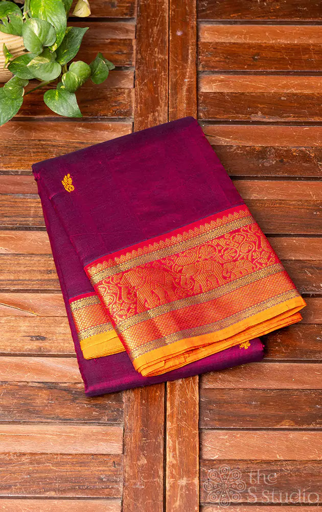 Purple handloom kanchi cotton saree with orange border