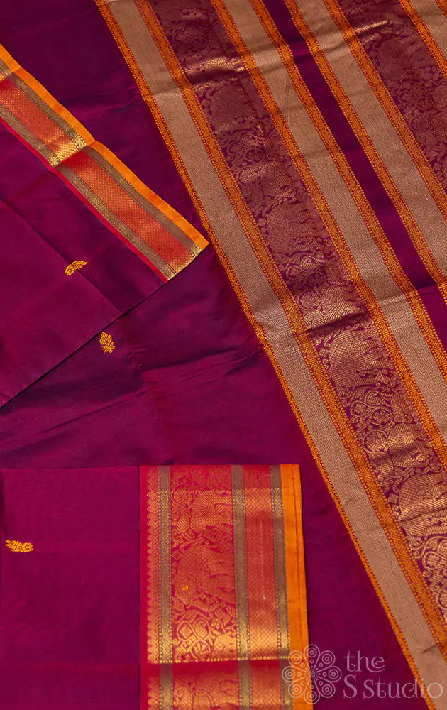 Purple handloom kanchi cotton saree with orange border