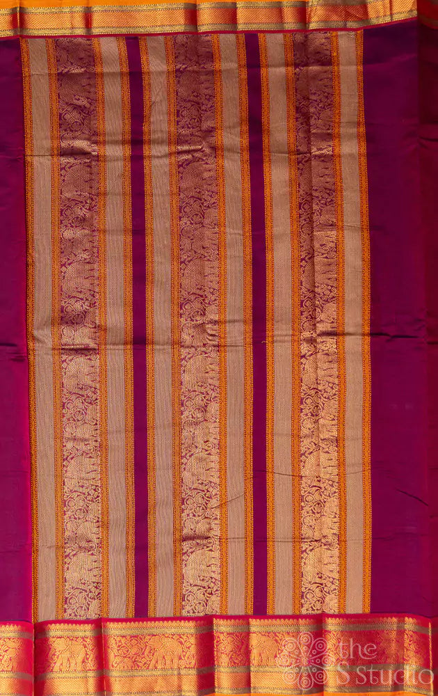 Purple handloom kanchi cotton saree with orange border