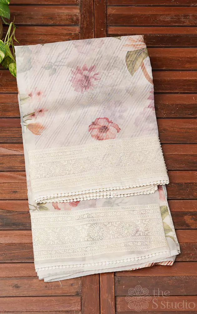 Off-white supernet saree with brown floral prints