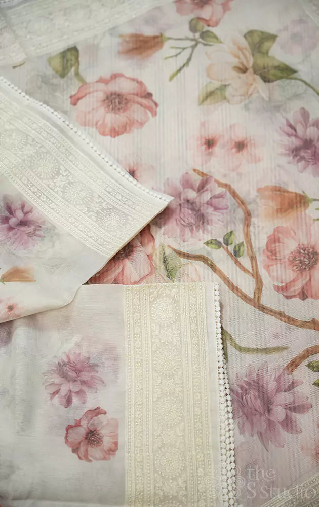 Off-white supernet saree with brown floral prints