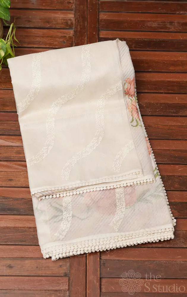 Off-white supernet saree with cross embroidery pattern