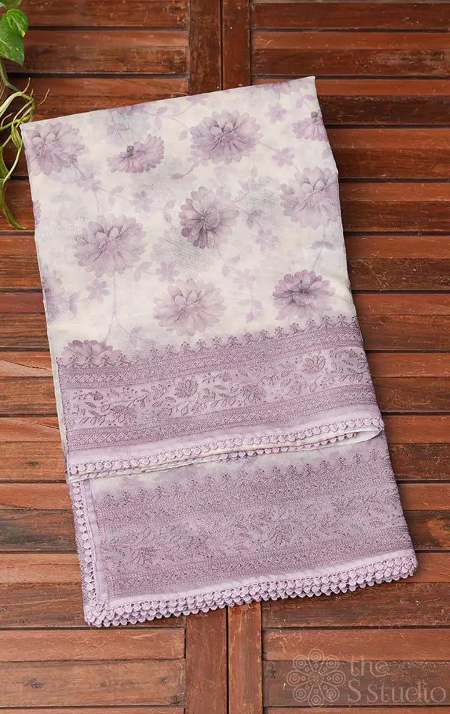 White Supernet Saree with Lavender Embroidered Border