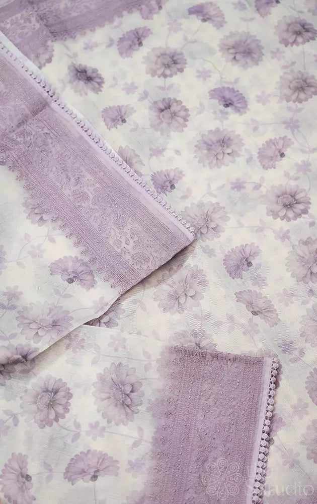 White Supernet Saree with Lavender Embroidered Border