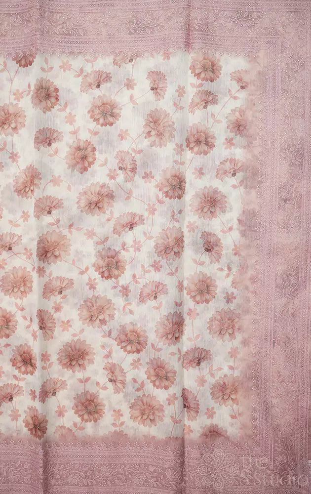 White Supernet Saree with Brown floral Prints