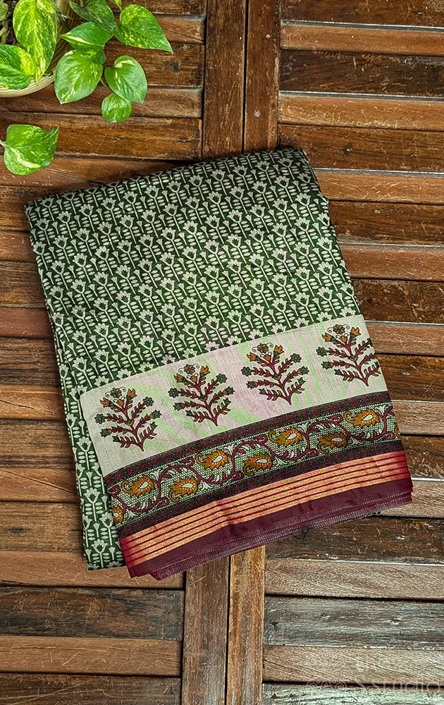 Green chanderi cotton saree with floral prints and small border