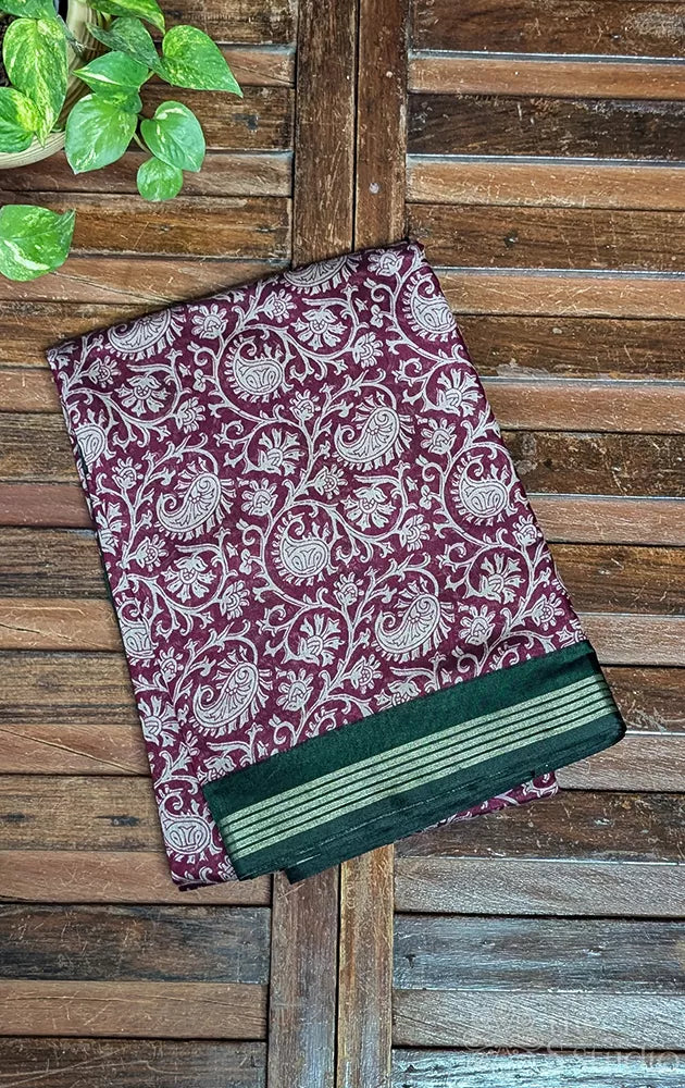 Maroon chanderi cotton saree with kalamkari printed pallu
