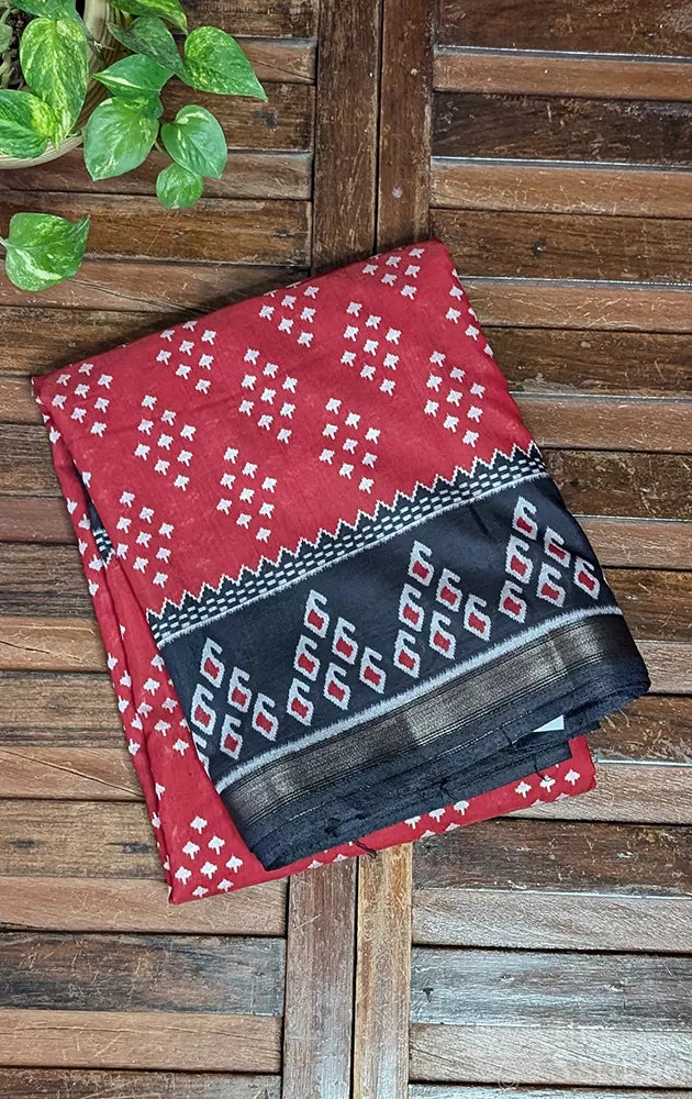 Maroon chanderi cotton saree with black border and prints