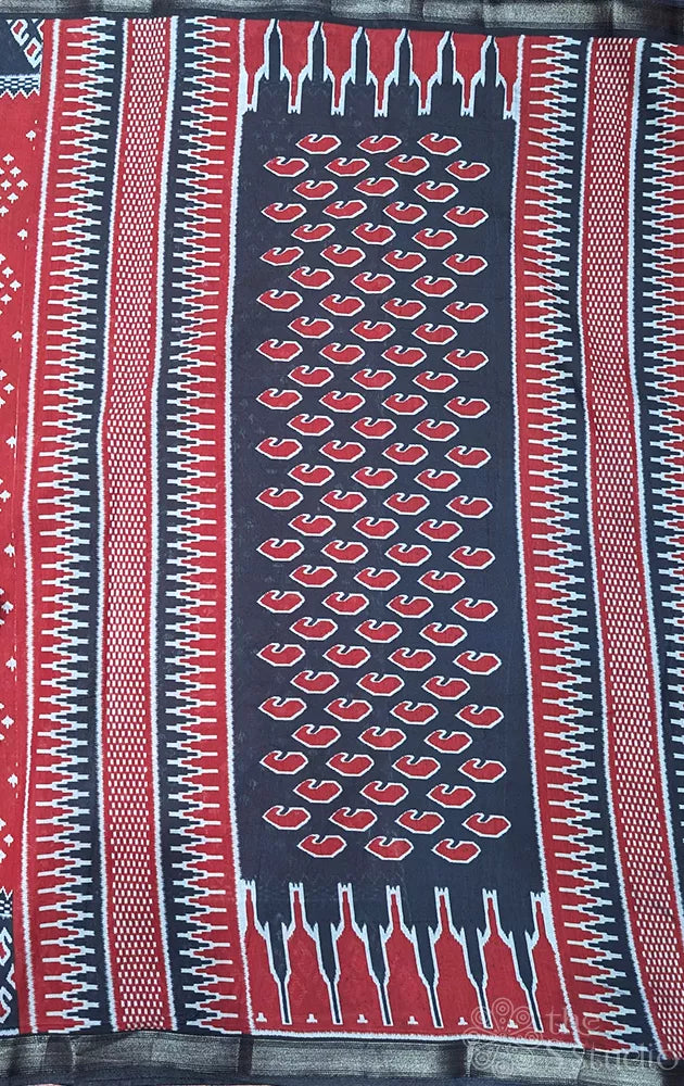 Maroon chanderi cotton saree with black border and prints