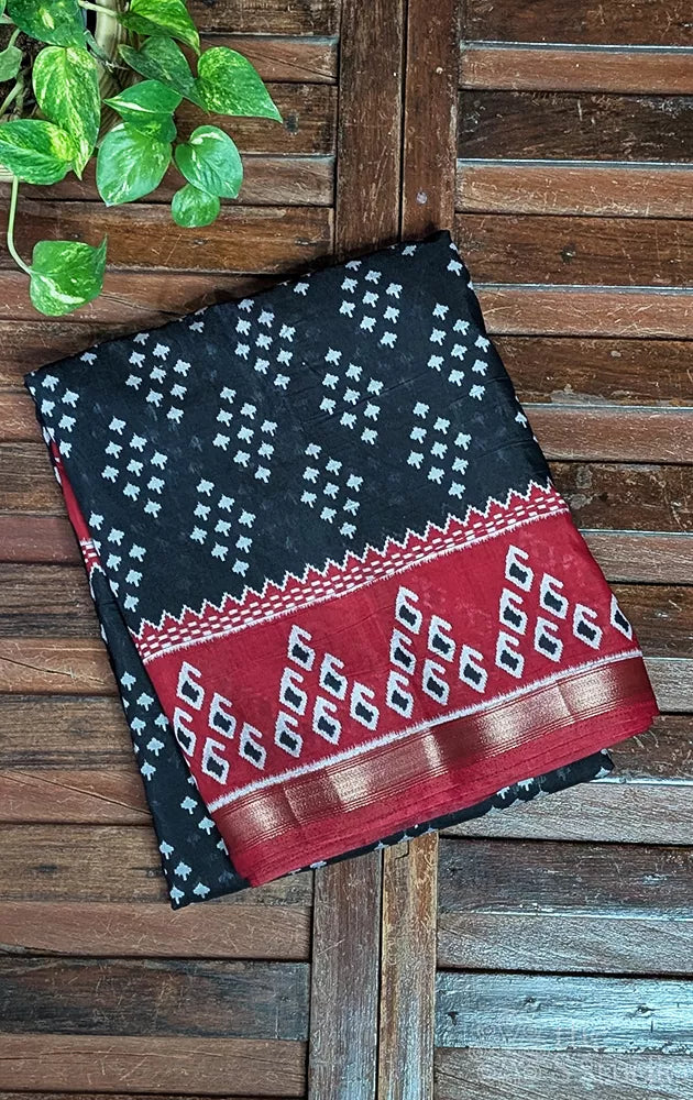 Black chanderi cotton saree with maroon border and prints