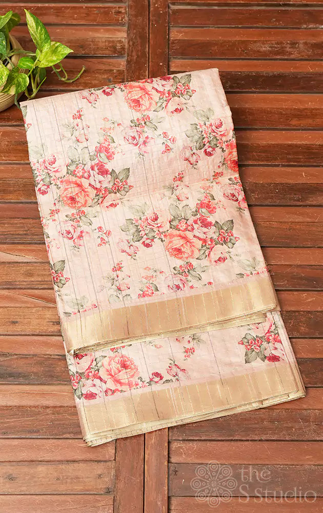 Peach semi tussar saree with zari checks 