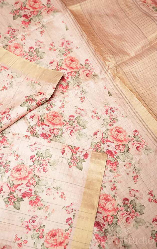 Peach semi tussar saree with zari checks