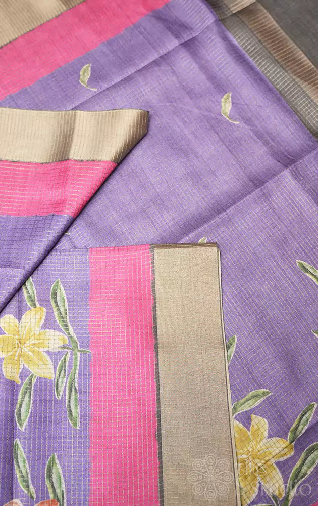 Lavender semi tussar saree with floral prints