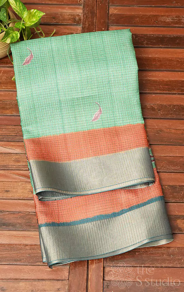 Green semi tussar saree with double colour border