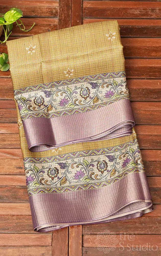 Light mustard semi tussar saree with floral prints