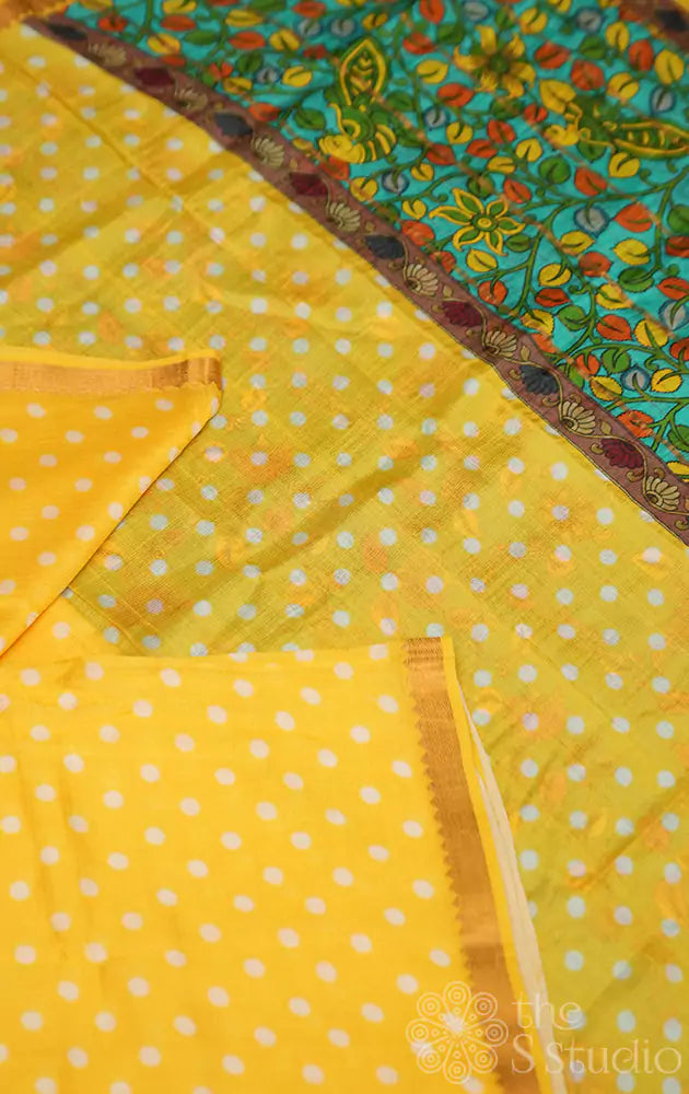 Yellow Mangalagiri silk cotton saree with small border