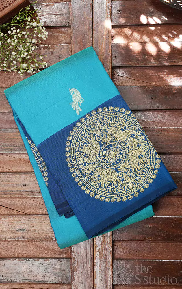 Light blue kanchipuram silk saree with dark blue border