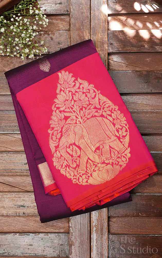 Purple kanchi pattu saree with contrast pallu
