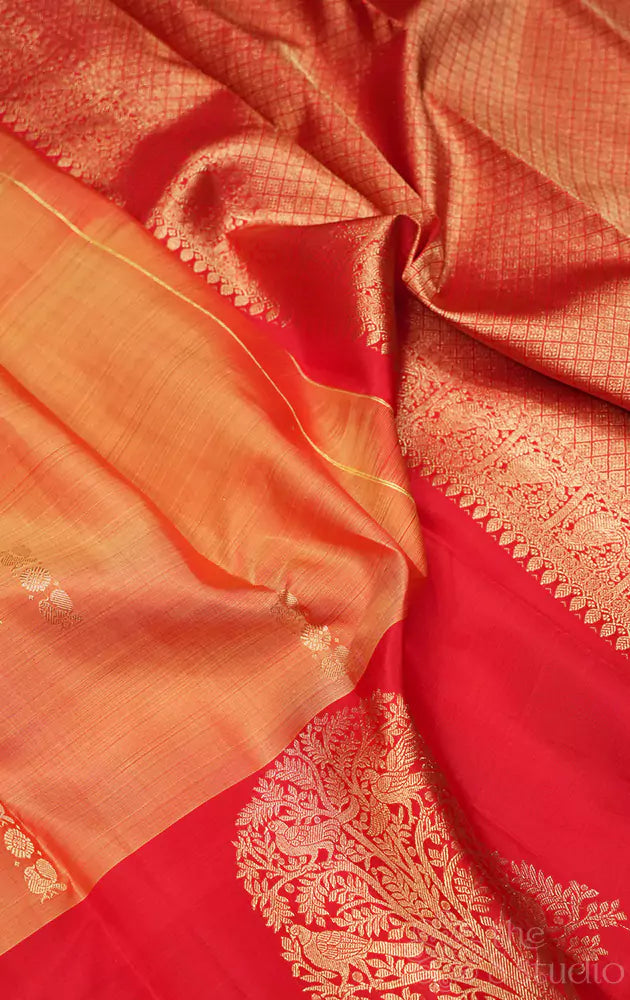 Mustard kanchipuram silk saree with red border