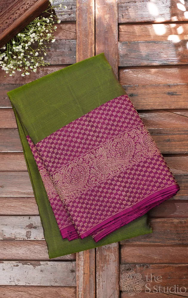 Methi green kanchi pattu saree with purple border
