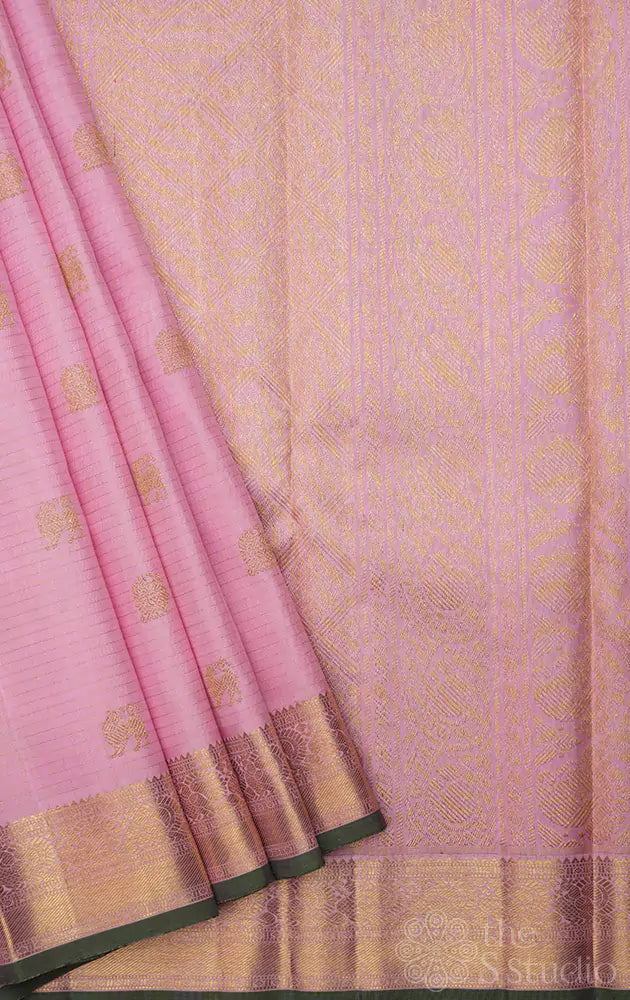 Light pink zari checked kanchipuram silk saree with yaazhi motifs