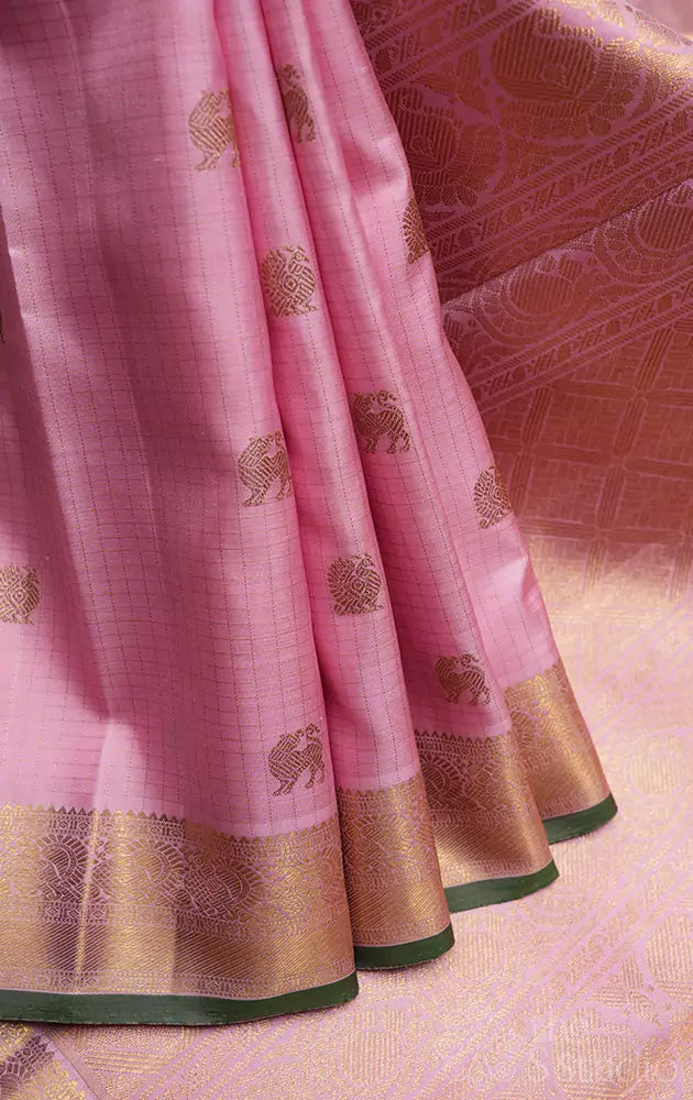 Light pink zari checked kanchipuram silk saree with yaazhi motifs