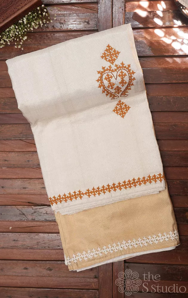 Off white and golden tissue kanchipuram silk saree with kutch embroidery