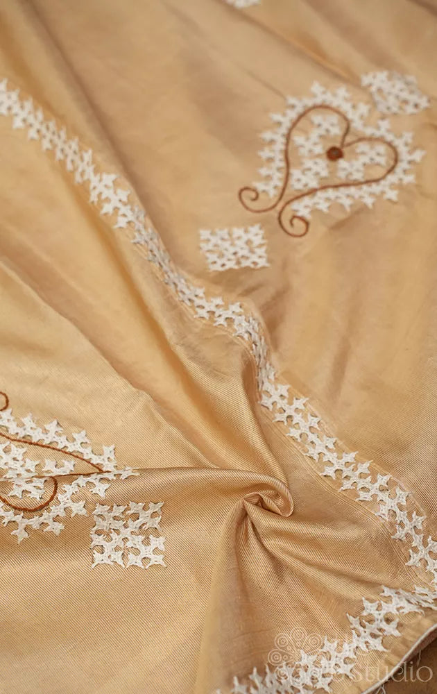 Off white and golden tissue kanchipuram silk saree with kutch embroidery