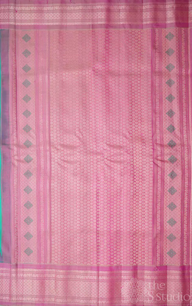 Sea green Gadwal silk saree with pink temple border