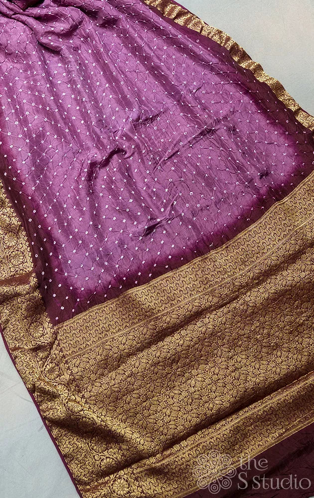 Purple semi silk tie and dye bandhani saree with burgundy border