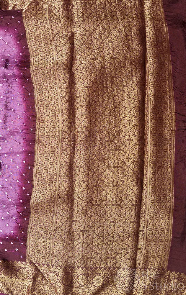 Purple semi silk tie and dye bandhani saree with burgundy border