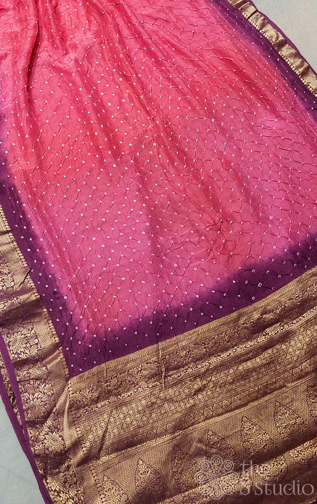 Rani pink bandhani semi silk saree with a Purple banarasi border