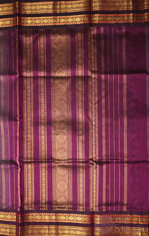 Grey silk cotton saree with purple korvai border