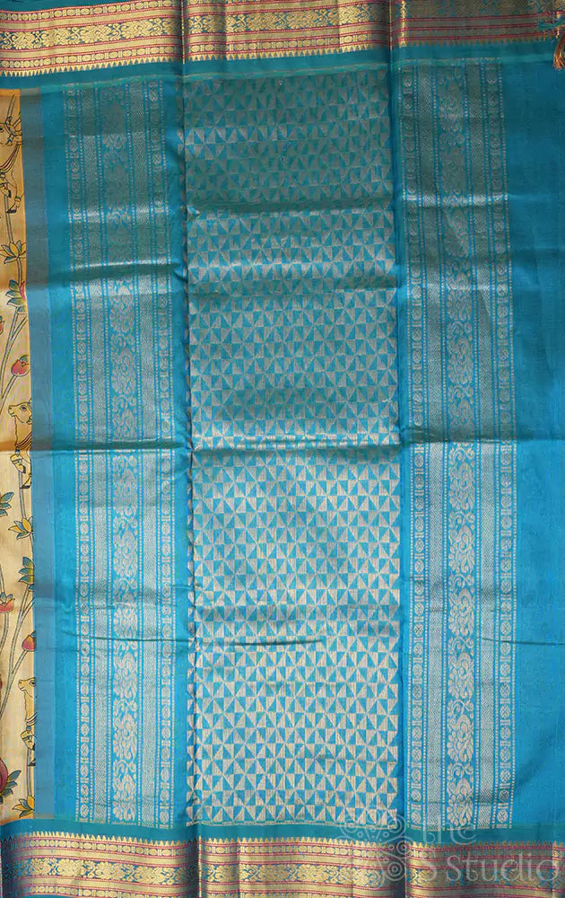 Golden yellow korvai silk cotton saree with prints