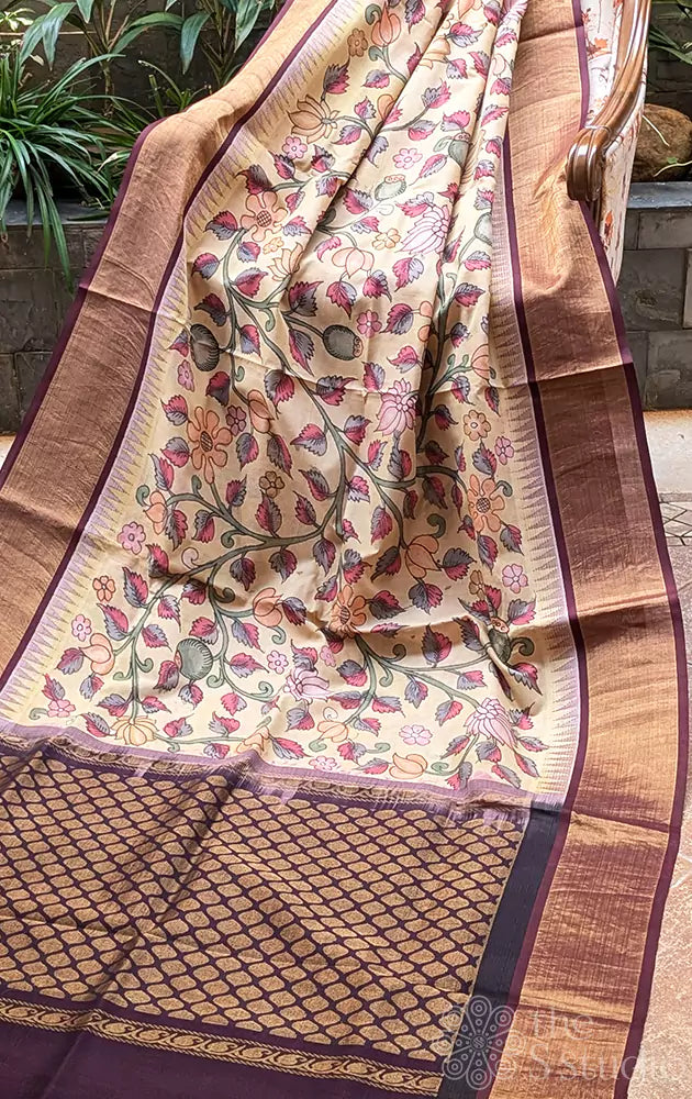 Off white korvai silk cotton saree with pen kalamkari 