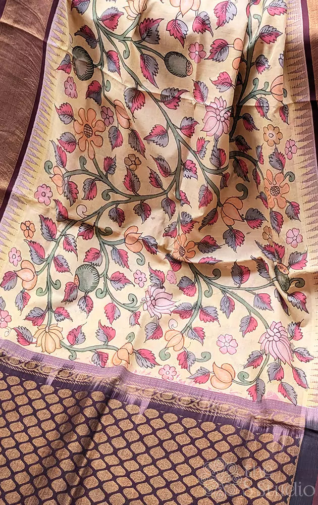 Off white korvai silk cotton saree with pen kalamkari